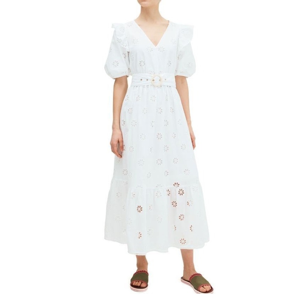 Kate Spade New York White Floral Eyelet Midi Dress Ruffle‎ Puff Sleeve size 6